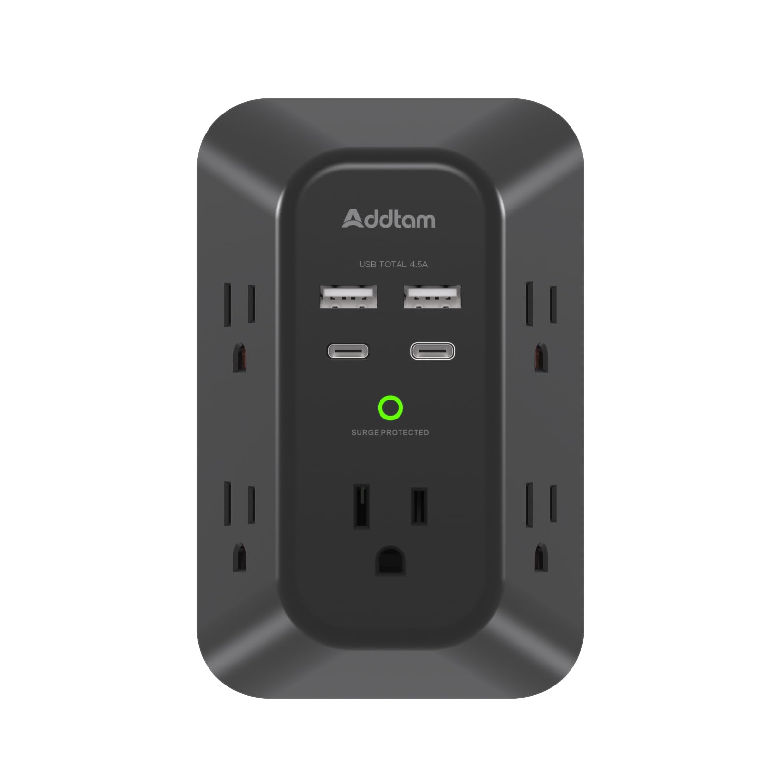 Addtam USB Wall Charger Surge Protector 5 Outlet Extender with 4 USB Charging Ports (1 USB C Outlet) 3 Sided 1800J Power Strip Multi Plug Outlets Wall Adapter Spaced for Home Travel Office ETL Listed
